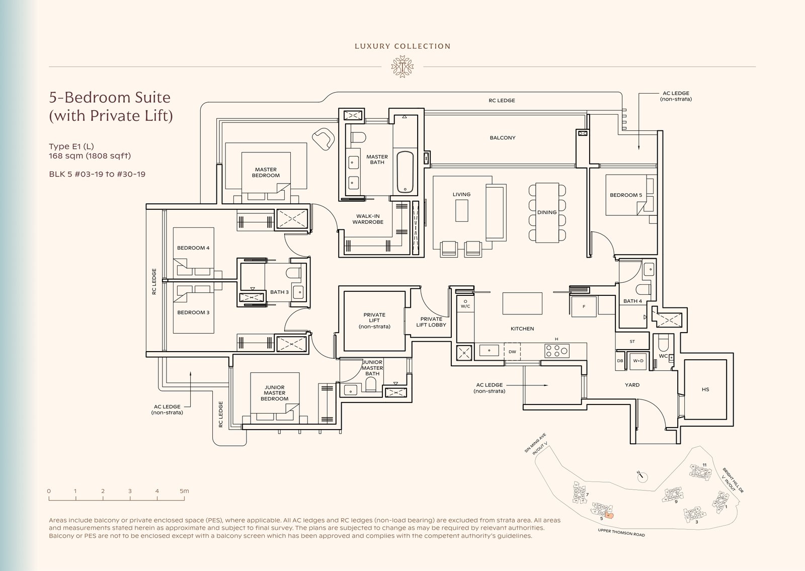 Thomson Reserve 5-Bedroom Suite (with Private Lift) Type E1 (L) floor plan, 1,808 sq ft (168 sqm), 28 units in Blk 5, Luxury Collection, with key plan