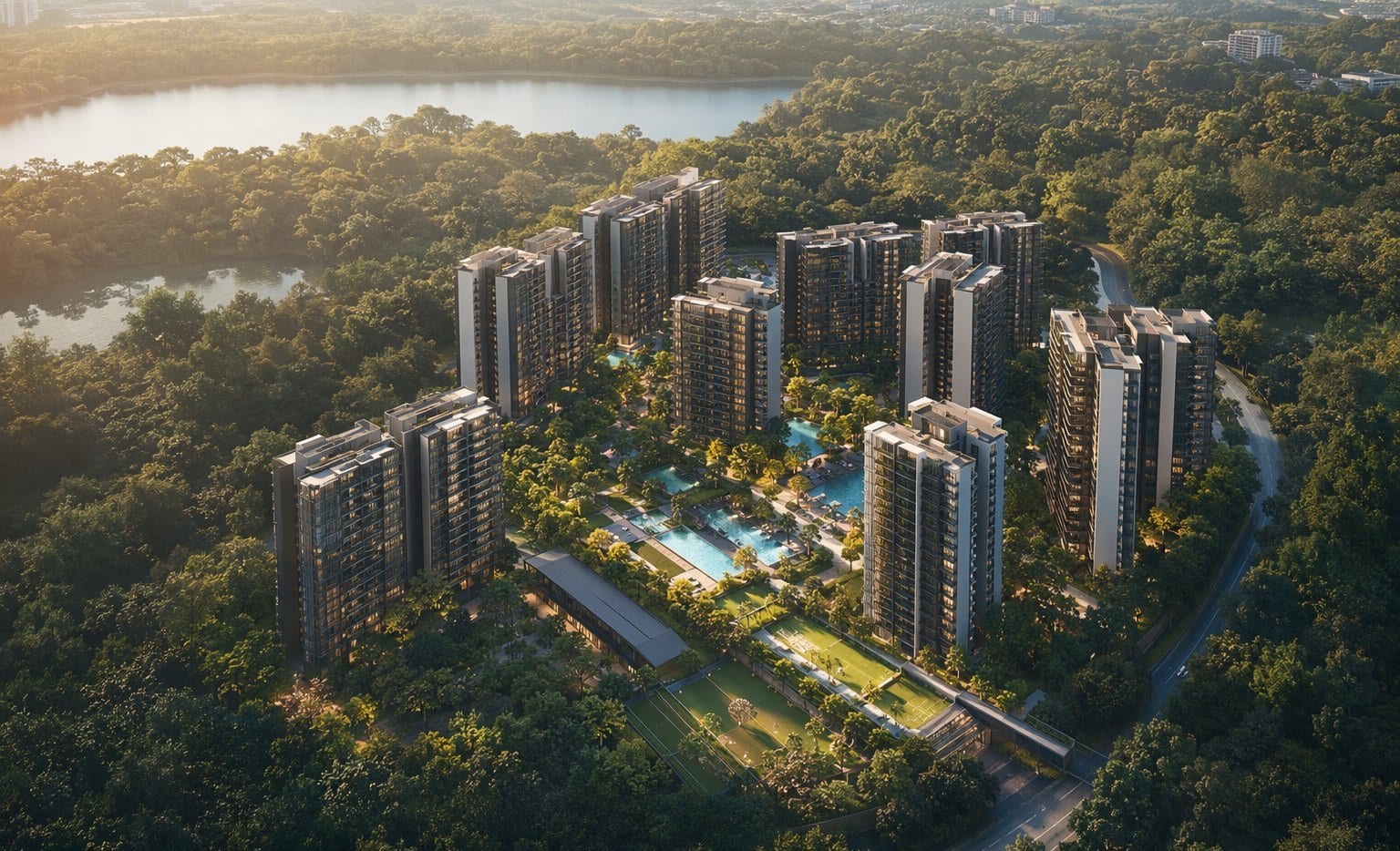 Artist's impression aerial view of a condominium site in Upper Thomson, blocks arranged around pools and gardens amid dense greenery