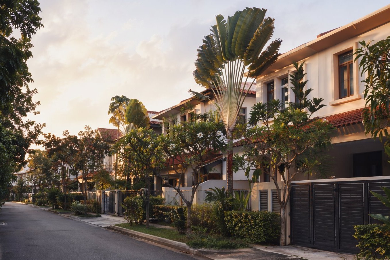 Artist's impression of a Singapore landed streetscape at golden hour with terrace and semi-detached houses